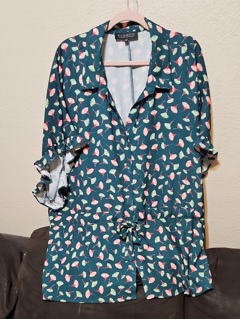Eloquii Teal Floral-Print Drawstring Shirt
